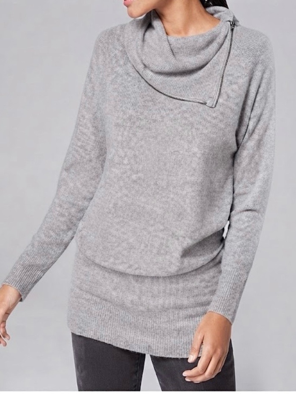 WHBM GRAY ZIP FUNNEL NECK KNIT TUNIC SWEATER